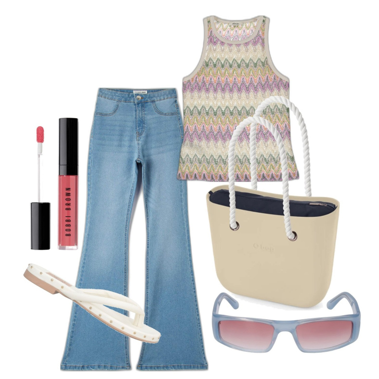Outfit donna - Ghost outfitter - luglio. Stile Casual per Tutti i giorni. Abbinamento con infradito, jeggings, canottiere, occhiali da sole, gloss, borse a spalla.