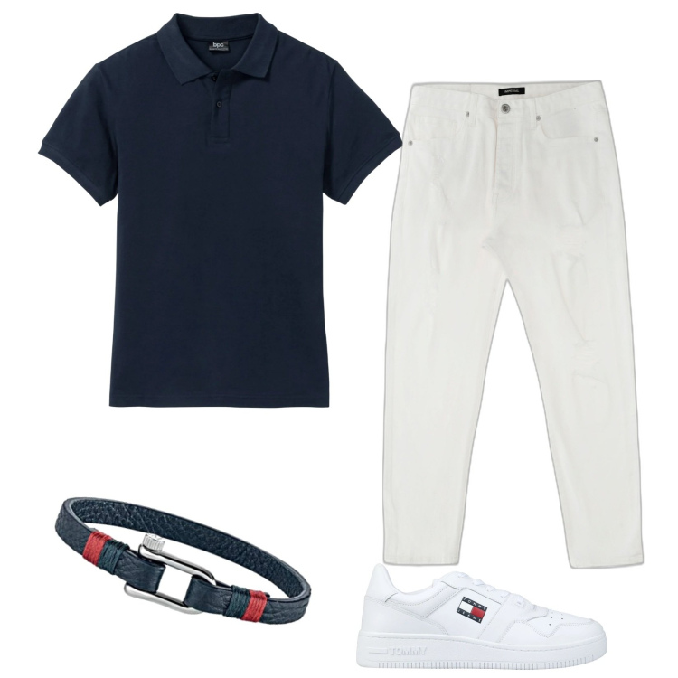 Outfit uomo - Perfetto cosi. Stile Trendy per Serata speciale. Abbinamento con polo, sneakers, pantaloni, braccialetti.