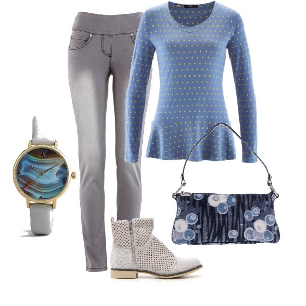Outfit donna - Azzurro e grigio incontro all\'autunno. Stile Basic per Tutti i giorni. Abbinamento con jeans slim fit, maglia a maniche lunghe blu, borsa a mano con manico fantasia multicolore taglia media con zip interno foderato in velluto 70% cotone blu, stivaletti, orologio con stampa e fibbia in denim oro.