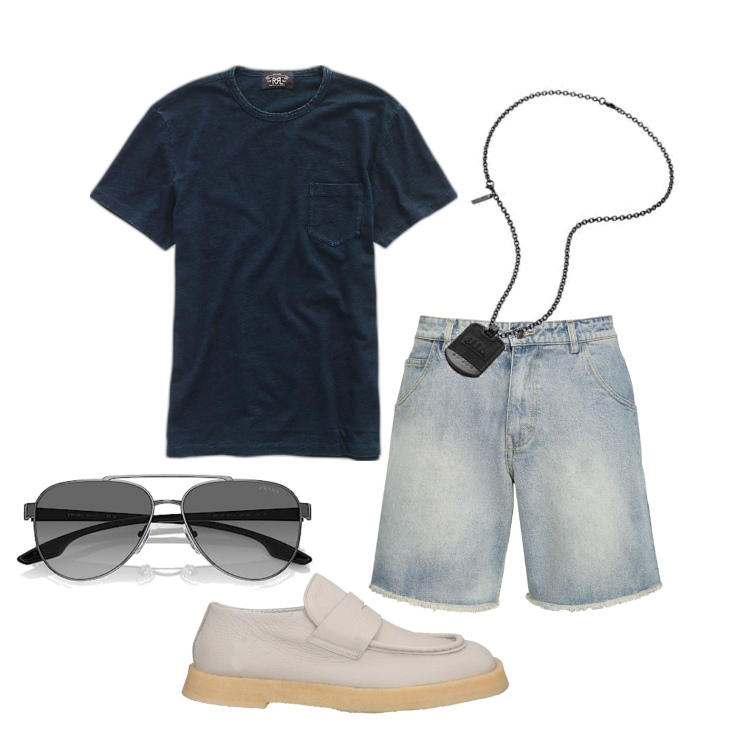 Outfit uomo - Ghost outfitter - luglio. Stile Casual per Tutti i giorni. Abbinamento con scarpe stringate, t-shirt, occhiali da sole, collane, shorts.