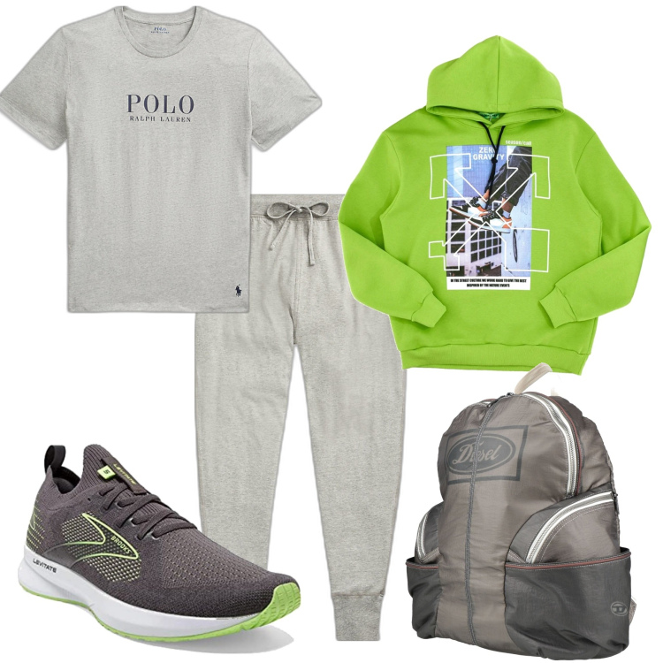 Outfit uomo - Vado. Stile Casual per Sport. Abbinamento con borse sportive, pantaloni, t-shirt, felpe con cappuccio, scarpe sportive.