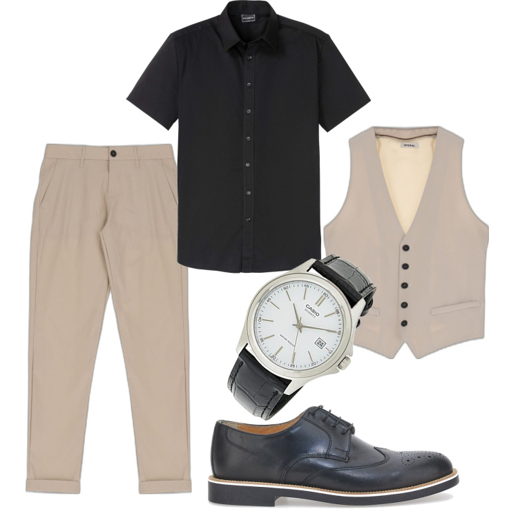 Outfit uomo - Serata galante. Stile Trendy per Serata speciale. Abbinamento con camicie a manica corta, pantaloni, gilet, scarpe stringate, orologi.