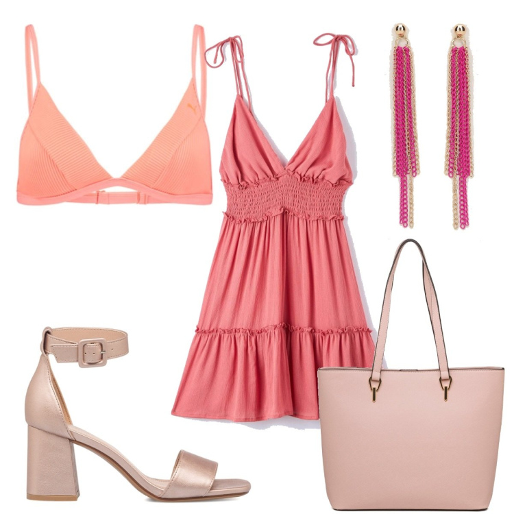Outfit donna - Al mare con Barbie. Stile Trendy per Mare. Abbinamento con vestiti corti, orecchini, borse a spalla, sandali in pelle, bikini.
