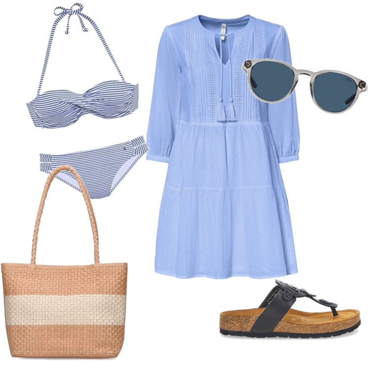 Outfit donna - Al mare!. Stile Basic per Mare. Abbinamento con vestiti da spiaggia, occhiali da sole, infradito, bikini, shopping bag.