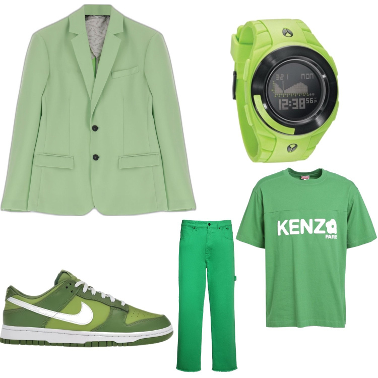Outfit uomo - Total green. Stile Casual per Tutti i giorni. Abbinamento con giacche, sneakers, t-shirt, orologi digitali, pantaloni.
