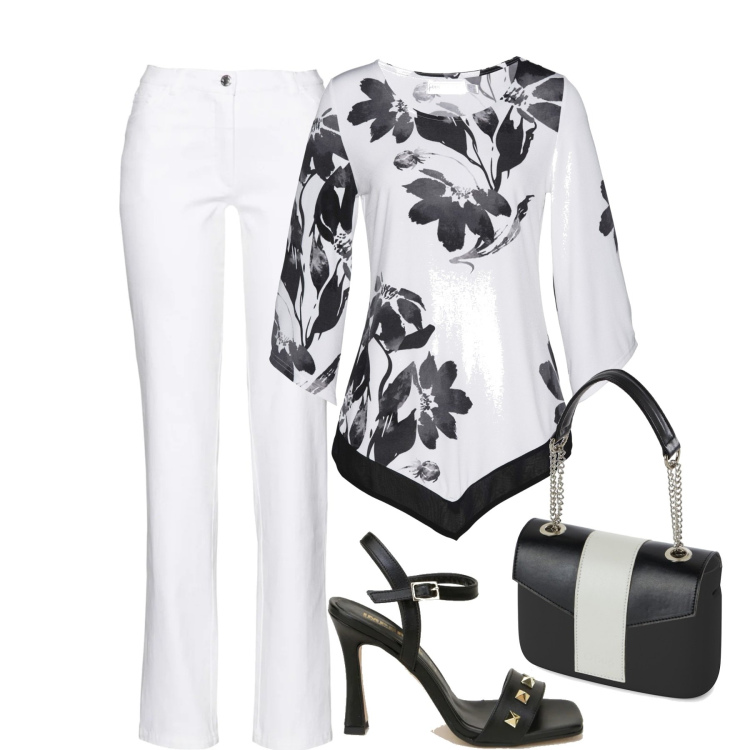 Outfit donna - Bianco e nero. Stile Casual chic per Tutti i giorni. Abbinamento con pantaloni, maglieria, sandali in pelle, borse a spalla.