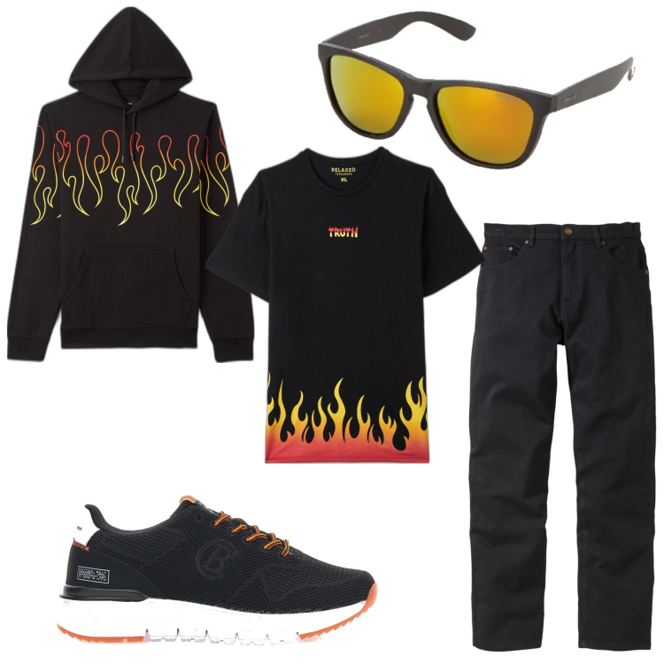 Outfit uomo - Nero e fiamme. Stile Biker Rock per Tutti i giorni. Abbinamento con jeans dritti, felpe con cappuccio, t-shirt, occhiali da sole, sneakers.