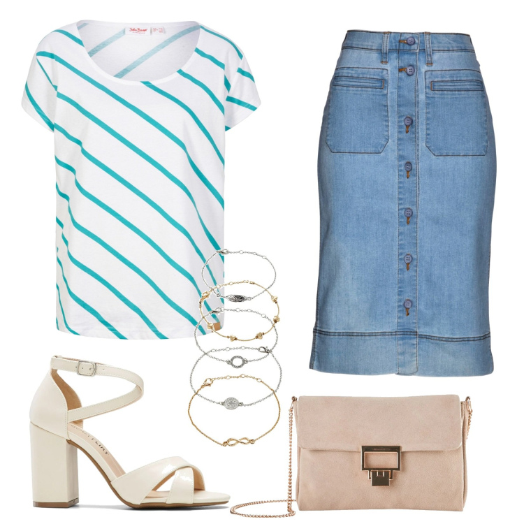 Outfit donna - Aperitivo. Stile Casual per Serata fuori. Abbinamento con gonne, braccialetti con ciondoli, sandali col tacco, t-shirt, pochette.