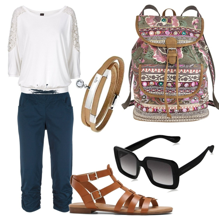 Outfit donna - Oggi pic nic. Stile Casual chic per Mare. Abbinamento con maglieria, pantaloni, zaini, sandali, occhiali da sole, braccialetti.