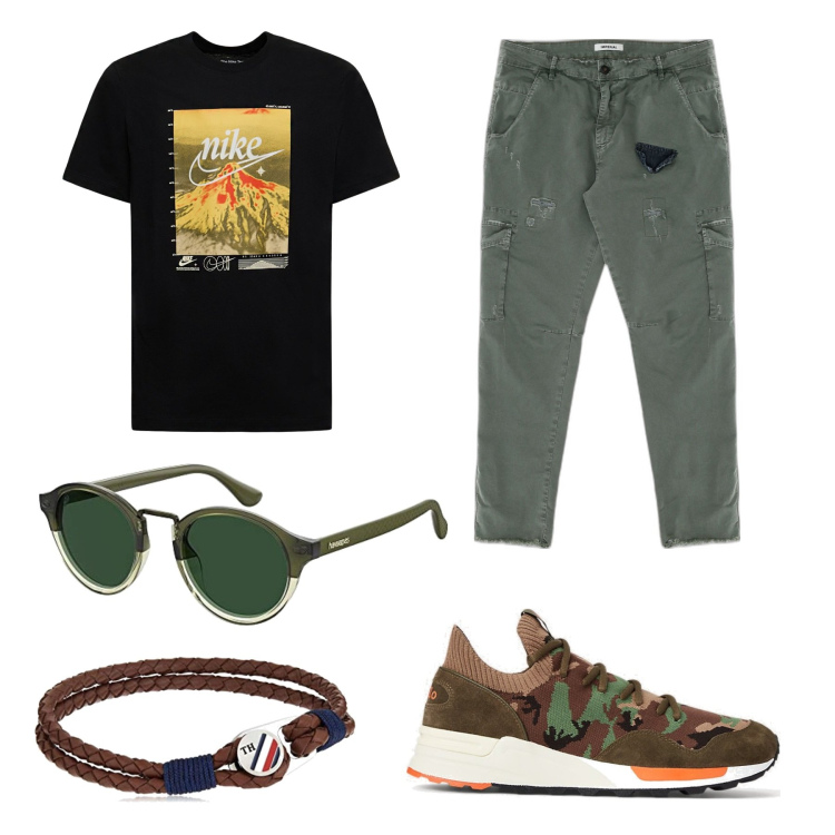 Outfit uomo - Fantasie militari e non solo. Stile Urban per Tutti i giorni. Abbinamento con pantaloni, sneakers, braccialetti, occhiali da sole, t-shirt.