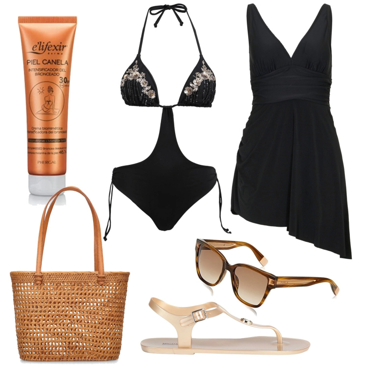 Outfit donna - Estate chic. Stile Chic per Mare. Abbinamento con vestiti da spiaggia, infradito, bikini, terre, shopping bag, occhiali da sole.