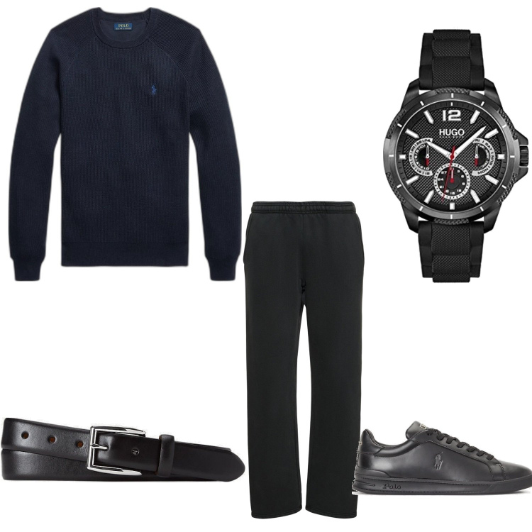Outfit uomo - Black collection. Stile Business/Elegante per Ufficio. Abbinamento con maglieria, cinture, sneakers, pantaloni, orologi analogici.