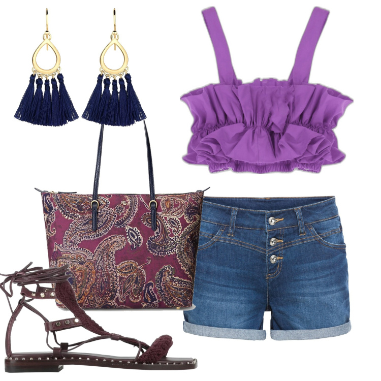 Outfit donna - Le rouches viola. Stile Casual chic per Tutti i giorni. Abbinamento con shorts, sandali in pelle, top, borse tote, orecchini.