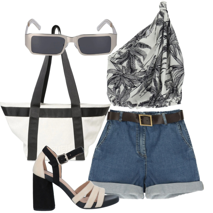 Outfit donna - Bianco e nero chic. Stile Casual chic per Tutti i giorni. Abbinamento con sandali in pelle, bermuda, canottiere, occhiali da sole, shopping bag.