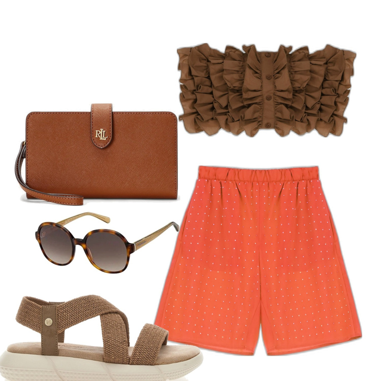 Outfit donna - Orange. Stile Casual chic per Tutti i giorni. Abbinamento con top, bermuda, pochette, sandali, occhiali da sole.