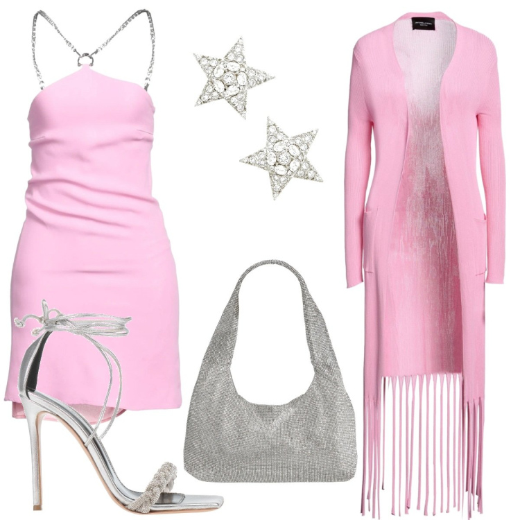 Outfit donna - Total look #1675428. Stile Chic per Serata fuori. Abbinamento con vestiti corti, cardigans, borse a mano, orecchini, sandali in pelle.