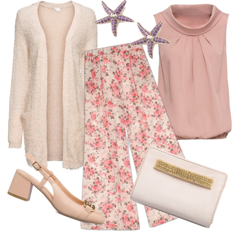 Outfit donna - Total look #1675454. Stile Glamour per Tutti i giorni. Abbinamento con top, cardigans, pantaloni a palazzo, orecchini, décolleté, clutch.