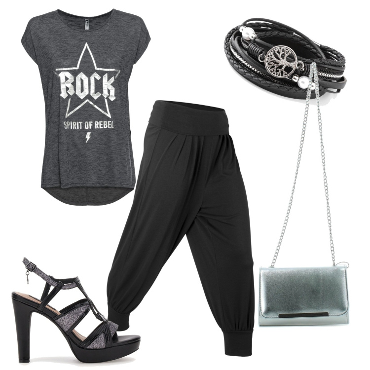 Outfit donna - Aperitivo rock. Stile Casual chic per Serata fuori. Abbinamento con pantaloni, t-shirt, braccialetti, clutch, sandali.
