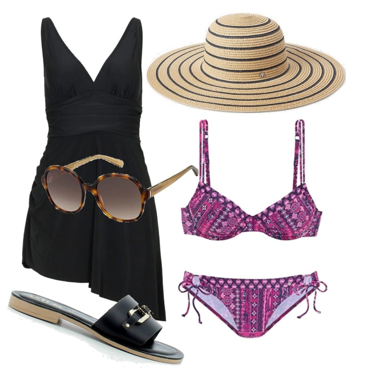 Outfit donna - Chic in summer. Stile Casual chic per Mare. Abbinamento con vestiti da spiaggia, sandali, cappelli, bikini, occhiali da sole.