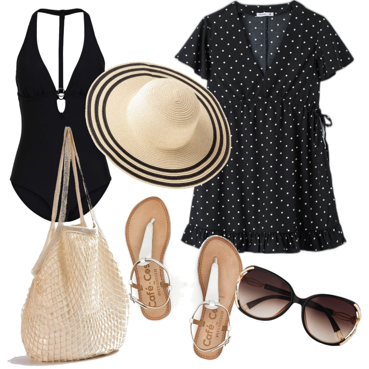 Outfit donna - Total look #1675505. Stile Casual chic per Mare. Abbinamento con costumi interi, occhiali da sole, cappelli, vestiti, borse a spalla, infradito.