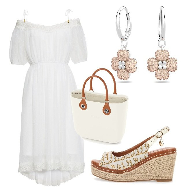 Outfit donna - Serata al fresco in collina. Stile Romantica per Serata fuori. Abbinamento con vestiti, espadrillas, orecchini, borse a spalla.