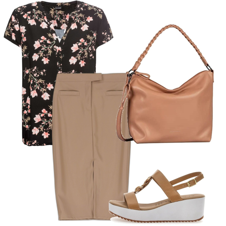 Outfit donna - Total look #1675515. Stile Casual per Ufficio. Abbinamento con camicie a manica corta, gonne longuette, sandali, borse a tracolla.