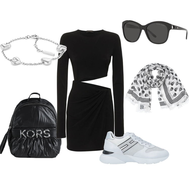 Outfit donna - Total look #1675559. Stile Sporty chic per Tutti i giorni. Abbinamento con zaini, sciarpe, sneakers, occhiali da sole, vestiti, braccialetti.