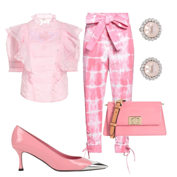 Outfit donna - Comunione. Stile Chic per Cerimonia. look ideale per Tall. Abbinamento con pantaloni, borse a spalla, bluse, décolleté, orecchini.