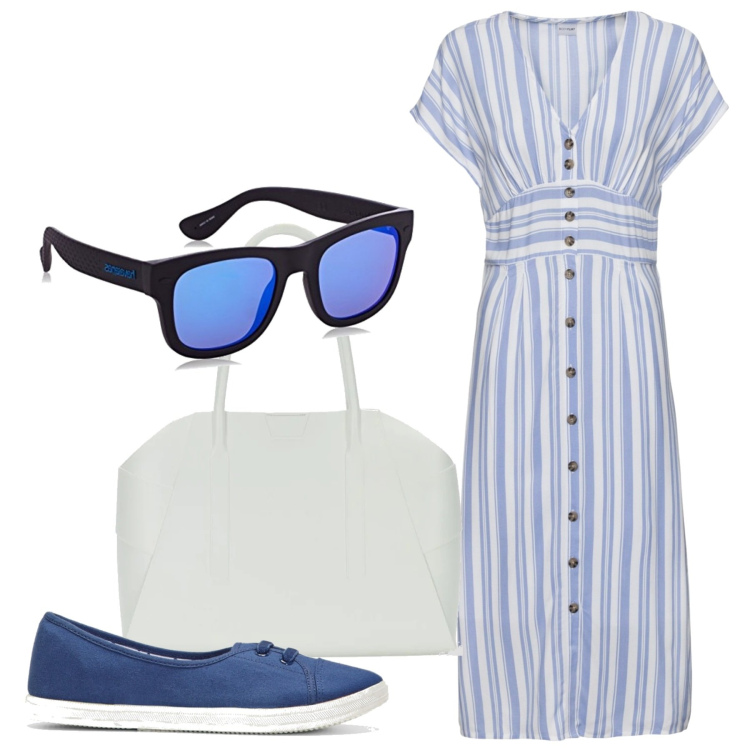 Outfit donna - Al lavoro. Stile Bon Ton per Tutti i giorni. Abbinamento con vestiti, scarpe sportive, occhiali da sole, borse a spalla.