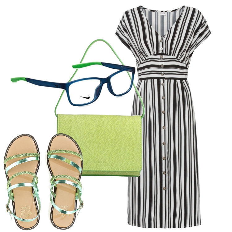 Outfit donna - Lunedì al lavoro. Stile Bon Ton per Ufficio. Abbinamento con vestiti, borse a mano, sandali, occhiali da sole.