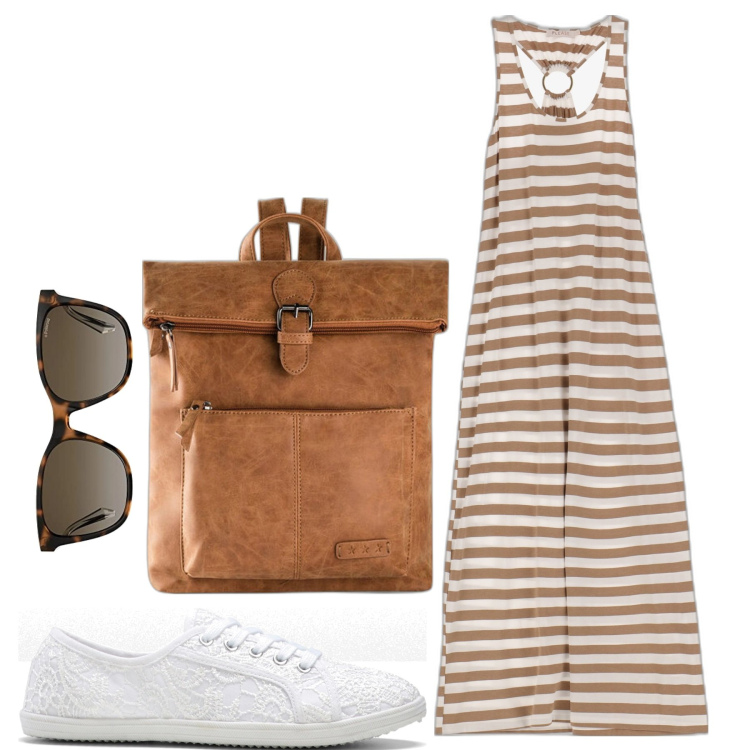 Outfit donna - Commissioni in centro. Stile Basic per Tutti i giorni. Abbinamento con zaini, sneakers, vestiti lunghi, occhiali da sole.