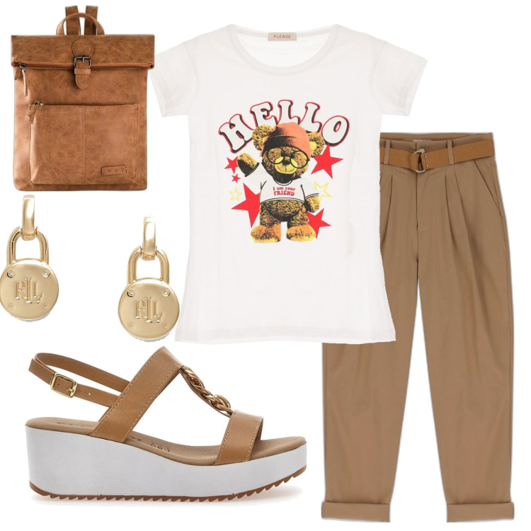 Outfit donna - Teddy bear. Stile Basic per Tutti i giorni. Abbinamento con zaini, t-shirt, pantaloni capri, orecchini, sandali.