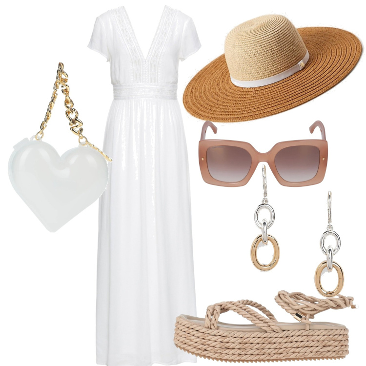 Outfit donna - Il vestito col pizzo. Stile Casual chic per Mare. Abbinamento con vestiti lunghi, sandali, borse a mano, orecchini, cappelli, occhiali da sole.