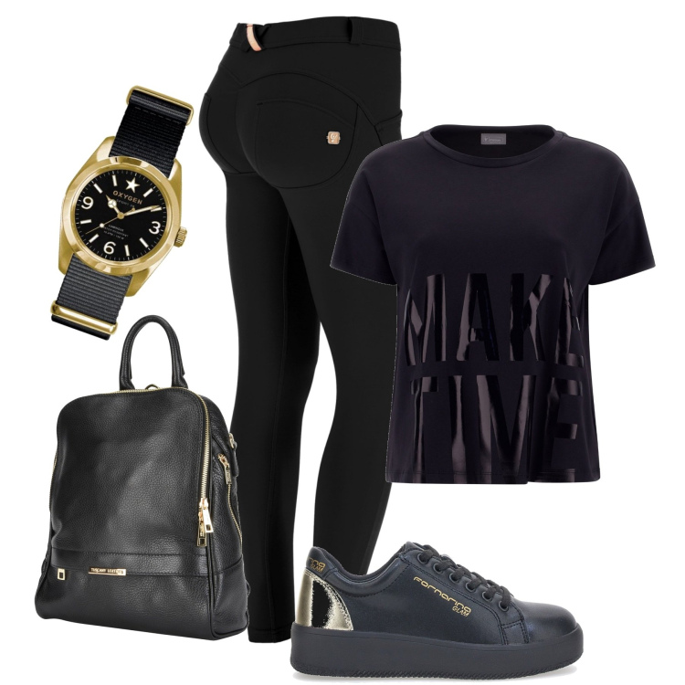 Outfit donna - Freddy style. Stile Casual per Tutti i giorni. Abbinamento con zaini, pantaloni skinny, t-shirt, sneakers, orologi.
