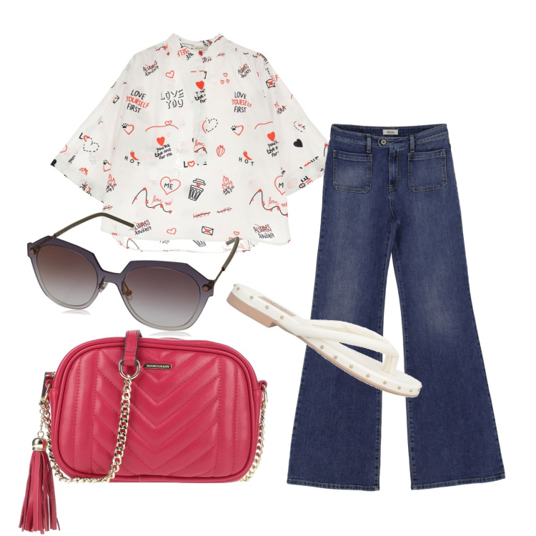 Outfit donna - Ghost outfitter - luglio. Stile Casual per Tutti i giorni. Abbinamento con infradito, borse a tracolla, jeans, camicie, occhiali da sole.