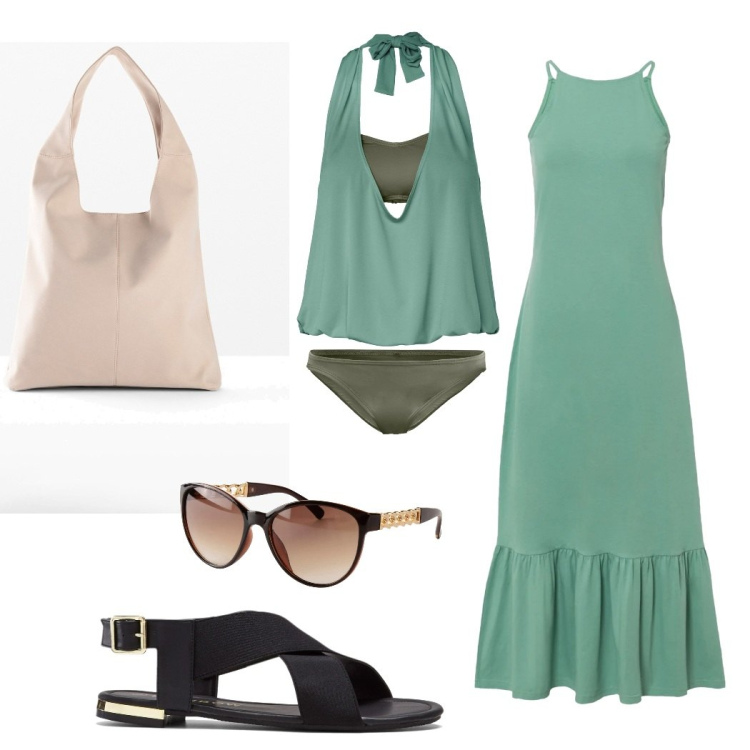 Outfit donna - Total look #1675853. Stile Glamour per Mare. Abbinamento con sandali, vestiti lunghi, costumi interi, shopping bag, occhiali da sole.