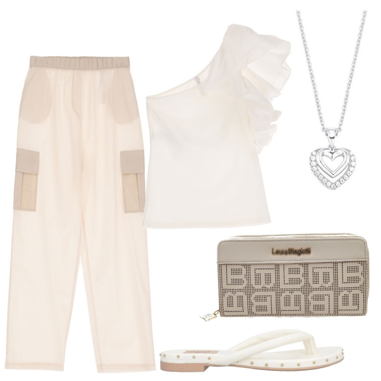 Outfit donna - I cargo leggeri. Stile Casual chic per Tutti i giorni. Abbinamento con infradito, pantaloni, canottiere, ciondoli, portafogli.