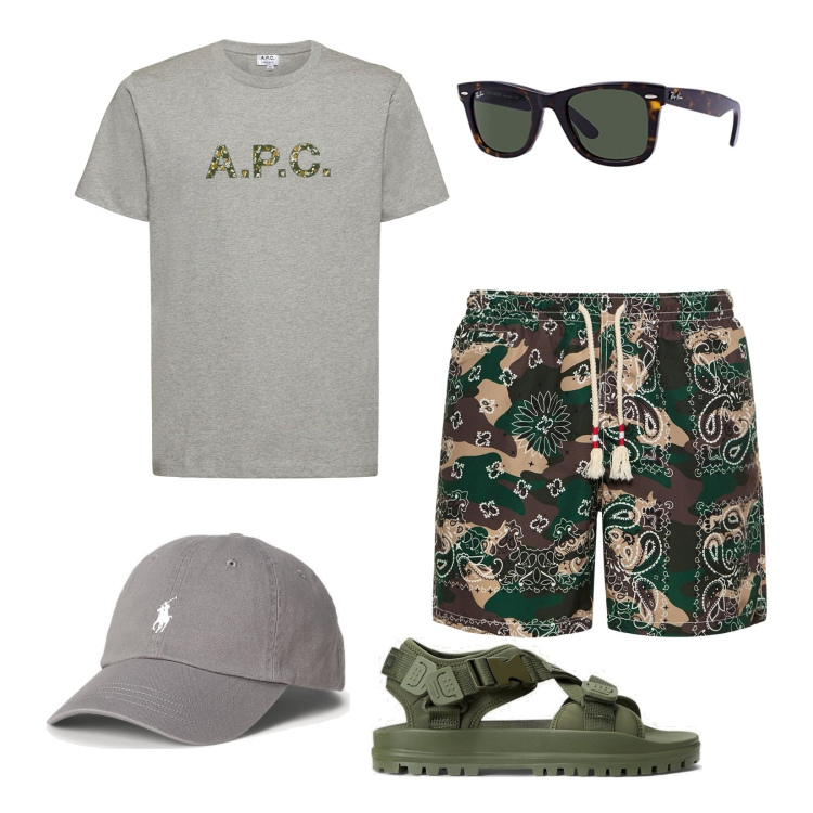 Outfit uomo - Holiday, freedom. Stile Casual per Tutti i giorni. Abbinamento con cappelli, sandali, occhiali da sole, t-shirt, shorts.