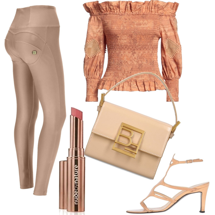 Outfit donna - I toni del salmone. Stile Boho per Serata fuori. Abbinamento con bluse, sandali in pelle, pantaloni skinny, rossetti, borse a spalla.