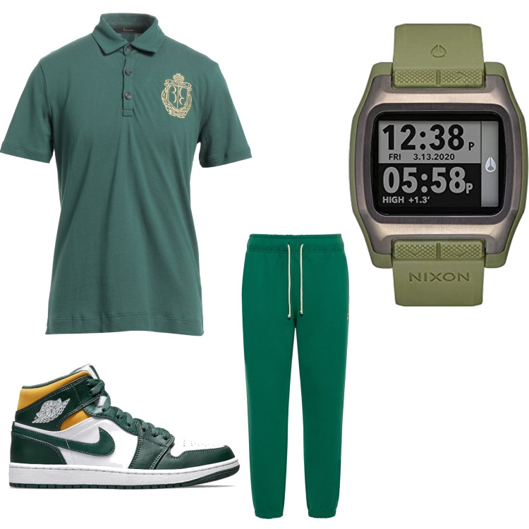Outfit uomo - Total green. Stile Casual per Tutti i giorni. Abbinamento con polo, sneakers, orologi digitali, pantaloni.
