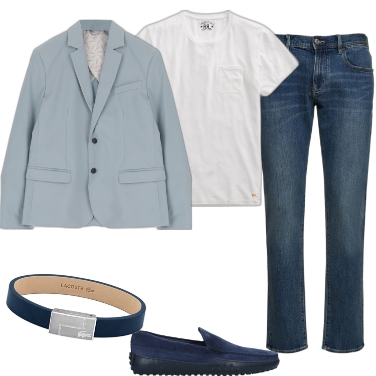 Outfit uomo - Un uomo interessante. Stile Business/Elegante per Serata speciale. Abbinamento con scarpe stringate, giacche, t-shirt, braccialetti, jeans slim fit.