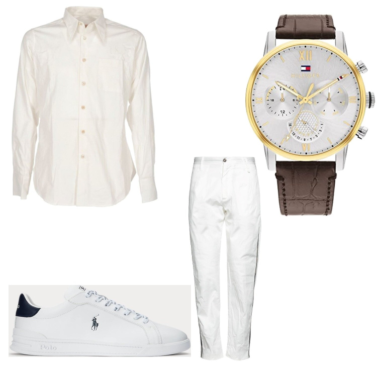 Outfit uomo - Total White. Stile Business/Elegante per Serata speciale. Abbinamento con sneakers, camicie, pantaloni, orologi analogici.