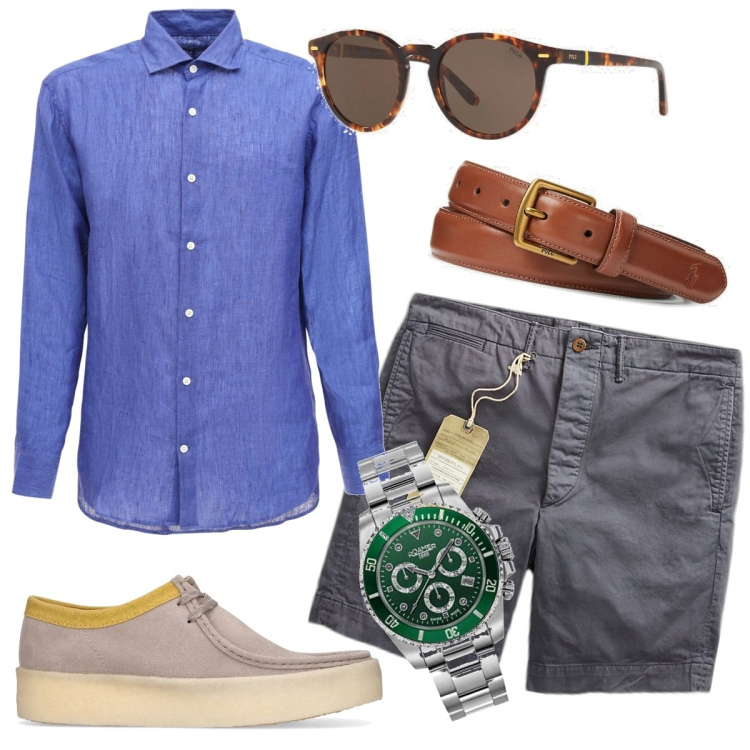Outfit uomo - Teo. Stile Urban per Tutti i giorni. Abbinamento con cinture, occhiali da sole, pantaloni chino, orologi, scarpe stringate, camicie.