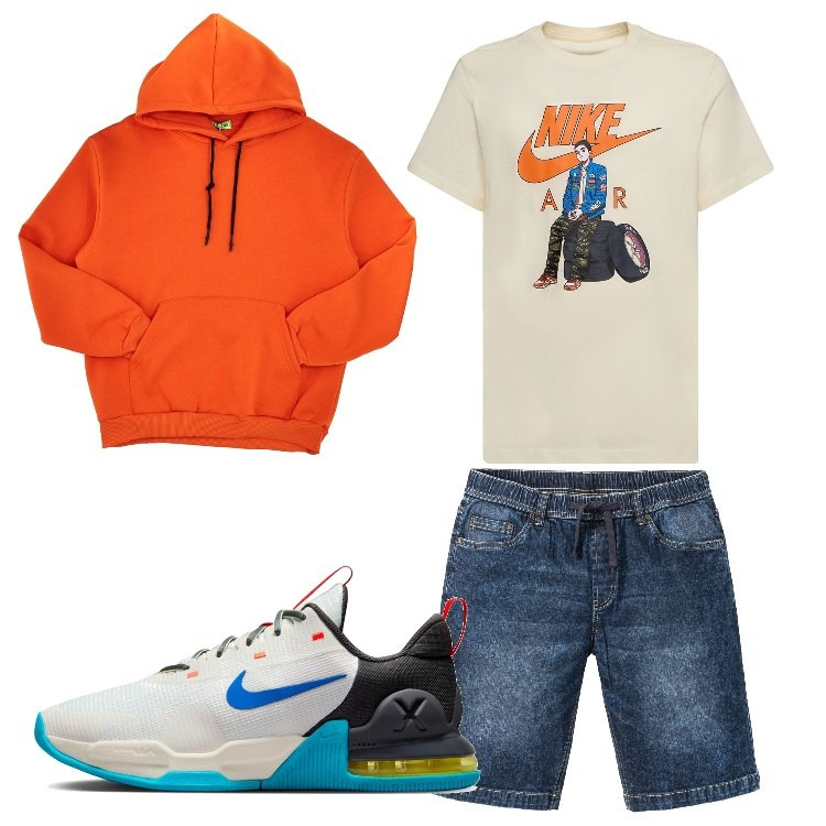 Outfit uomo - Quando serve la felpa. Stile Casual per Tutti i giorni. Abbinamento con bermuda, sneakers, felpe con cappuccio, t-shirt.