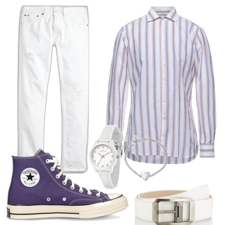 Outfit uomo - Righe per una serata estiva. Stile Trendy per Serata speciale. Abbinamento con camicie, jeans, orologi, cinture, sneakers.