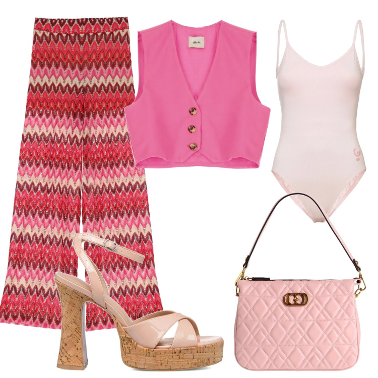 Outfit donna - Barbie anni \'70. Stile 70s per Serata fuori. Abbinamento con borse a mano, body, pantaloni a palazzo, gilet, sandali in pelle.