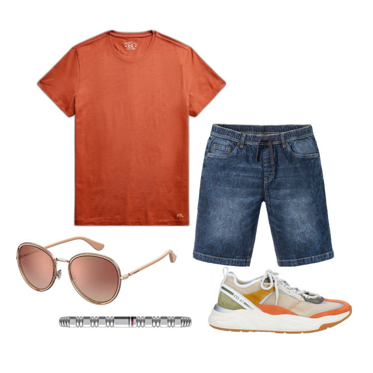 Outfit uomo - Ghost outfitter - luglio. Stile Casual per Tutti i giorni. Abbinamento con bermuda, sneakers, t-shirt, braccialetti, occhiali da sole.