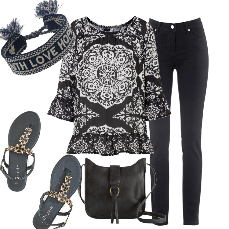 Outfit donna - Mandala. Stile Boho per Tutti i giorni. Abbinamento con jeans dritti, borse a tracolla, tuniche, sandali gioiello, braccialetti.