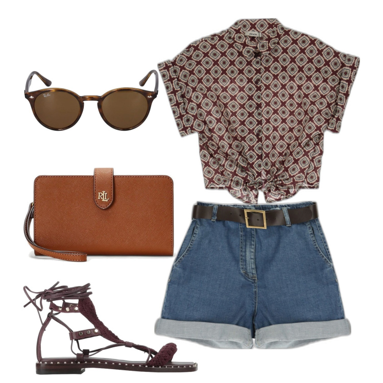 Outfit donna - Un autunno profondo d\'estate di giorno. Stile Casual per Tutti i giorni. Abbinamento con sandali in pelle, bermuda, camicie a manica corta, pochette, occhiali da sole.