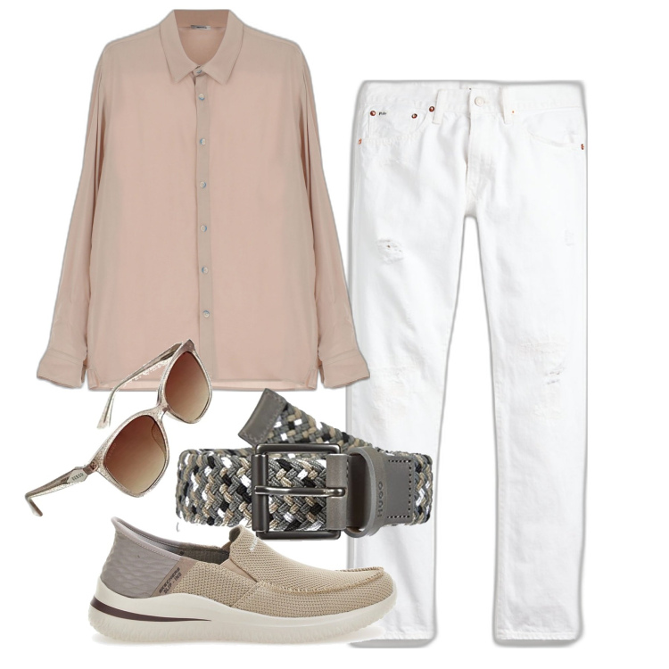 Outfit uomo - Un tipo chiaro. Stile Casual per Tutti i giorni. Abbinamento con camicie, jeans, cinture, sneakers, occhiali da sole.